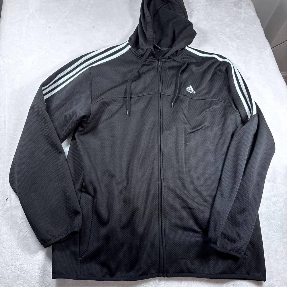 Adidas Jacket‎ Mens XL Black 3-Stripes Full Zip Hooded Logo Athletic Warm-Up
